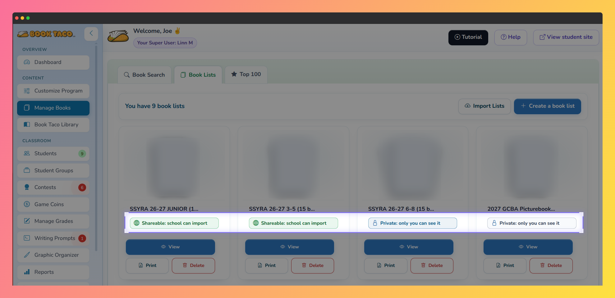 Screenshot of the Book Lists tab in Manage Books, with the Shareable and Private privacy labels highlighted on each list.