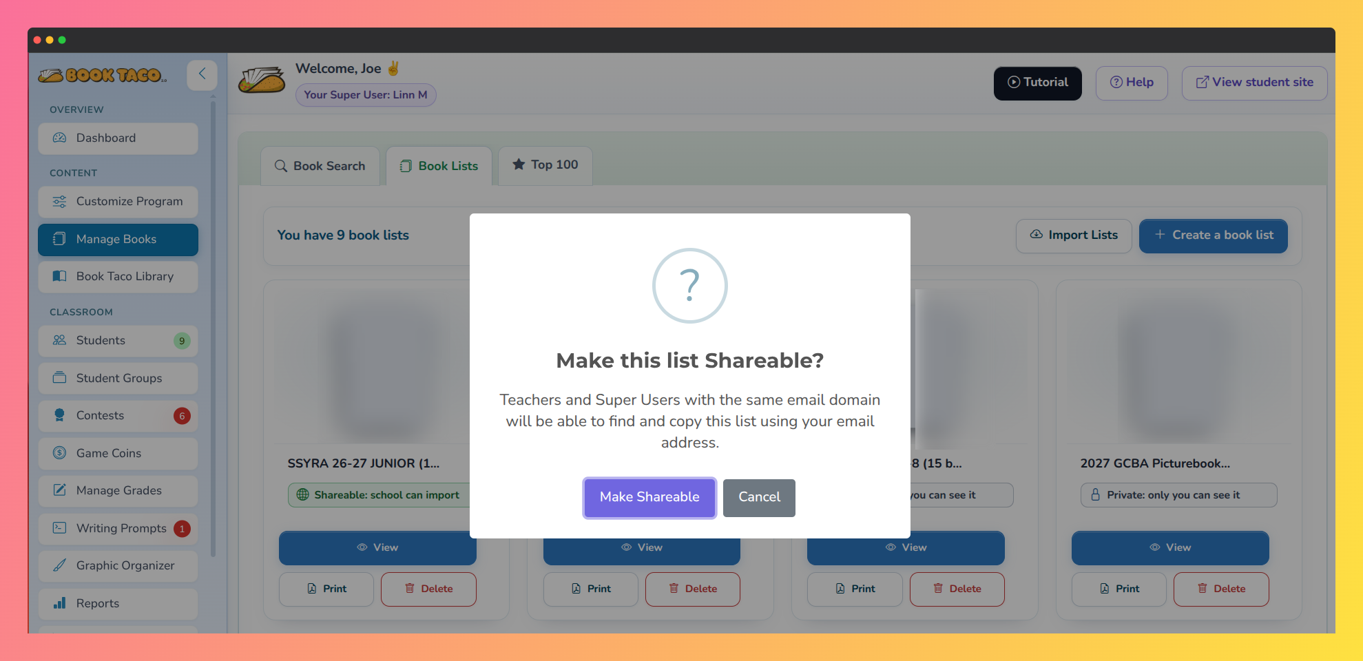 Screenshot of the "Make this list Shareable?" confirmation dialog in Manage Books, with the Make Shareable and Cancel buttons.