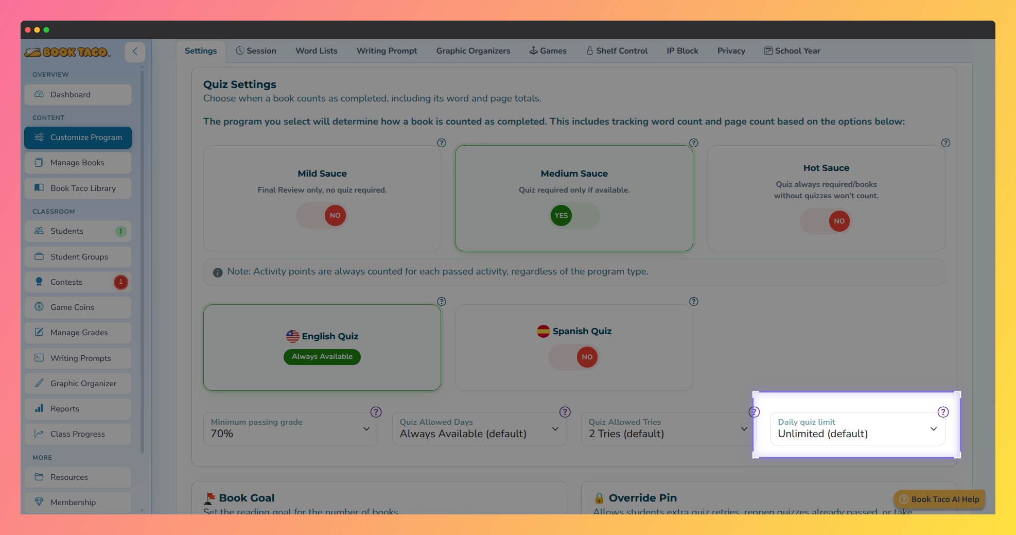 Screenshot of the Quiz Settings section in Customize Program, with the Daily quiz limit menu highlighted.