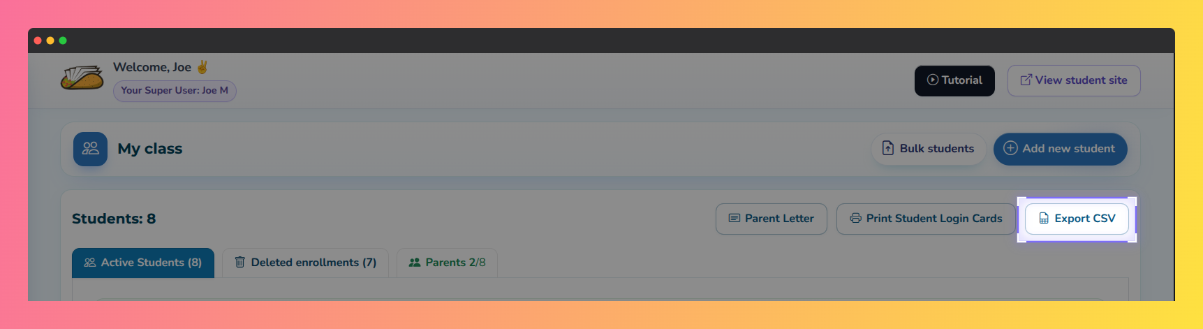 Book Taco screenshot highlighting the "Export CSV" button.