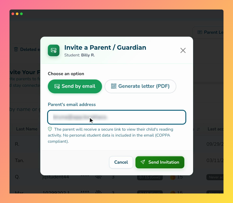 Screenshot of the Invite a Parent / Guardian window, with Send by email selected and the Send Invitation button.