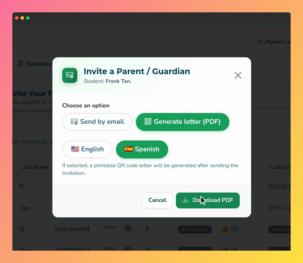 Screenshot of the Invite a Parent / Guardian window, with Generate letter (PDF) selected, the English and Spanish options and the Download PDF button.