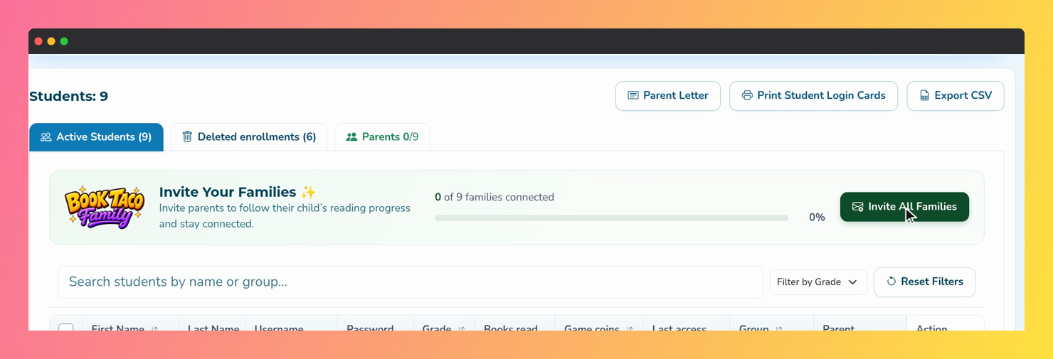 Screenshot of the Invite Your Families banner on the Students page, with the families connected counter and the Invite All Families button.