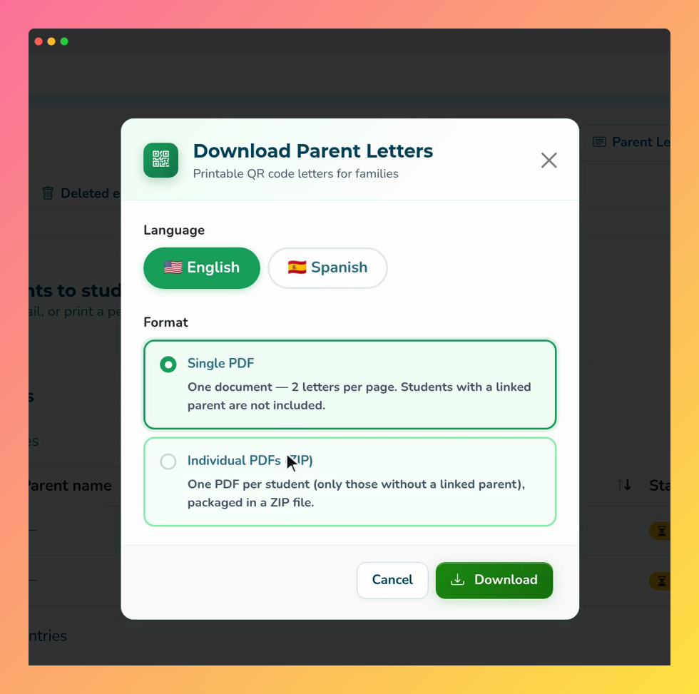 Screenshot of the Download Parent Letters window, with the Language and Format options and the Download button.
