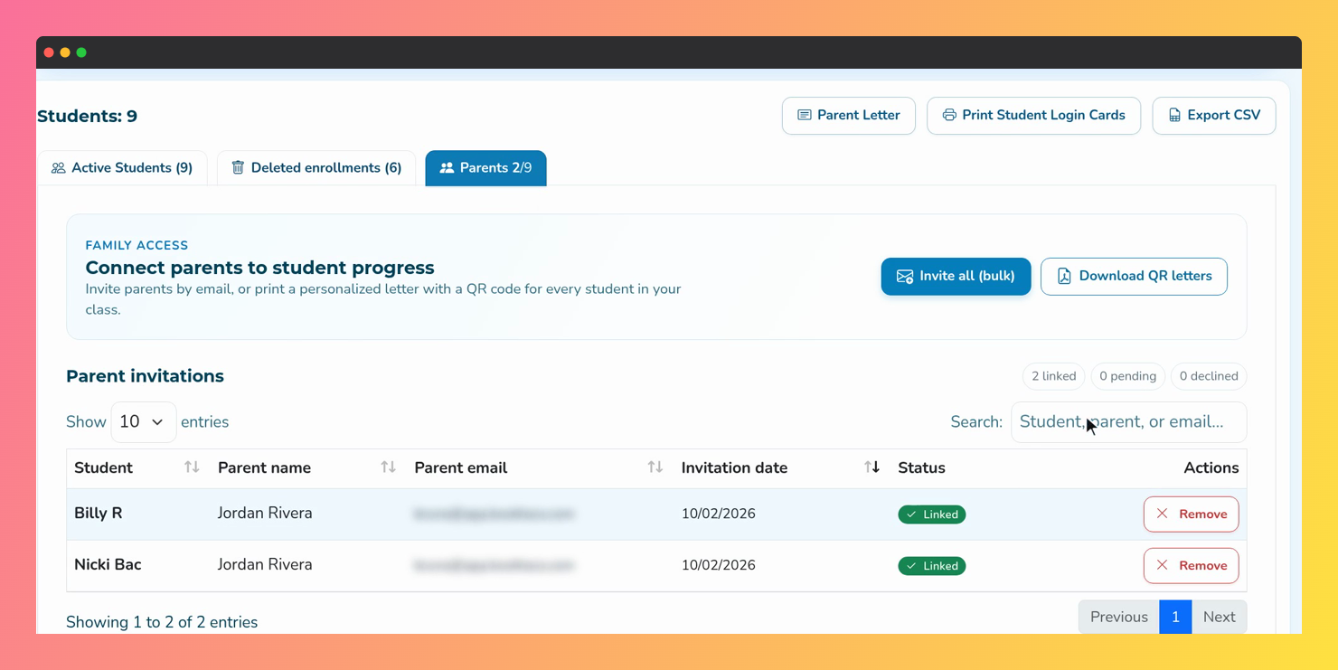 Screenshot of the Parents tab, with the Parent invitations table and the linked, pending and declined counters.