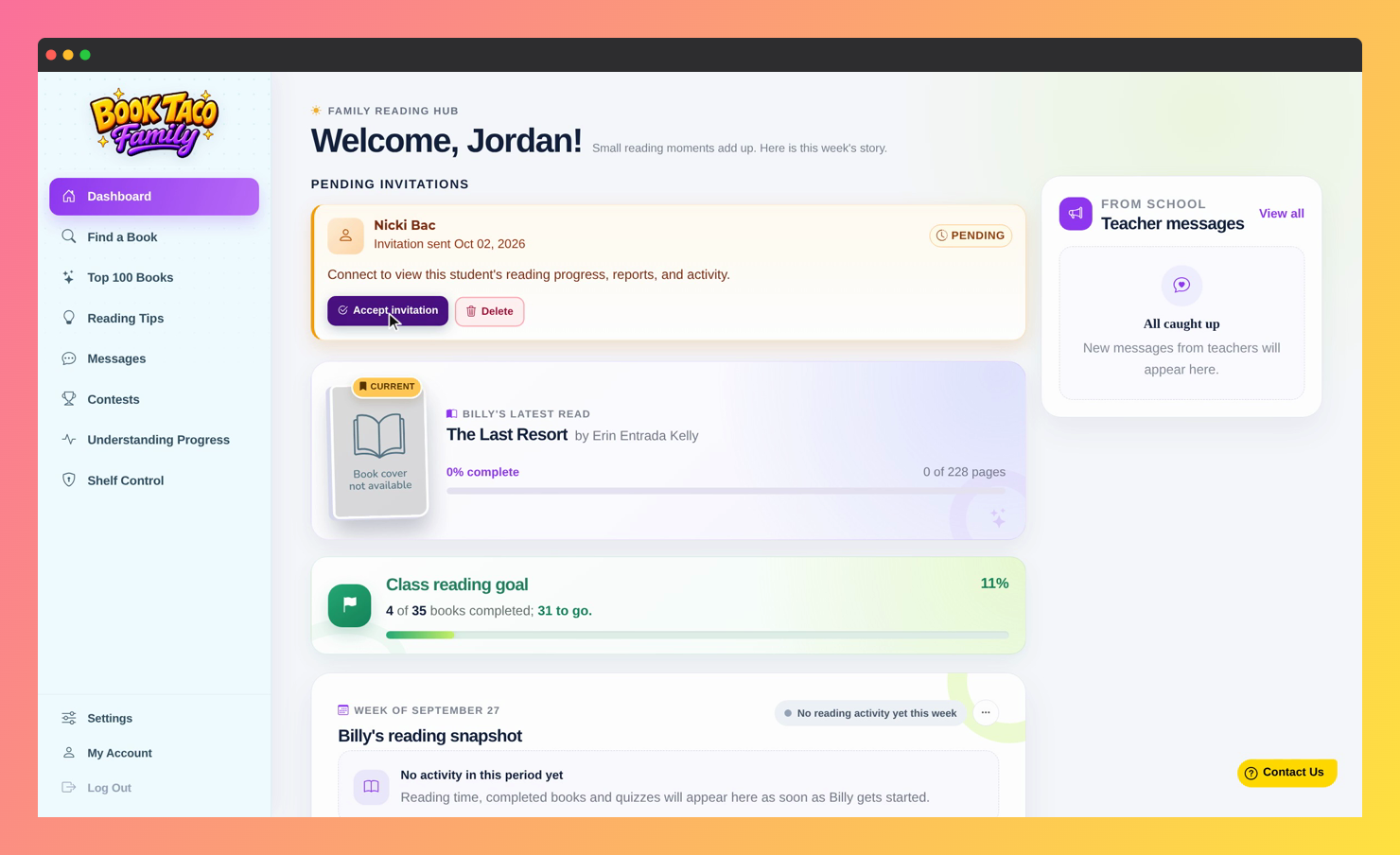 Screenshot of the Family Dashboard, with a pending invitation and the Accept invitation and Delete buttons.