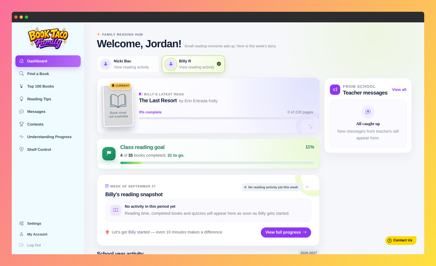 Screenshot of the Family Dashboard, with the child selector, the latest read, the class reading goal and the reading snapshot.