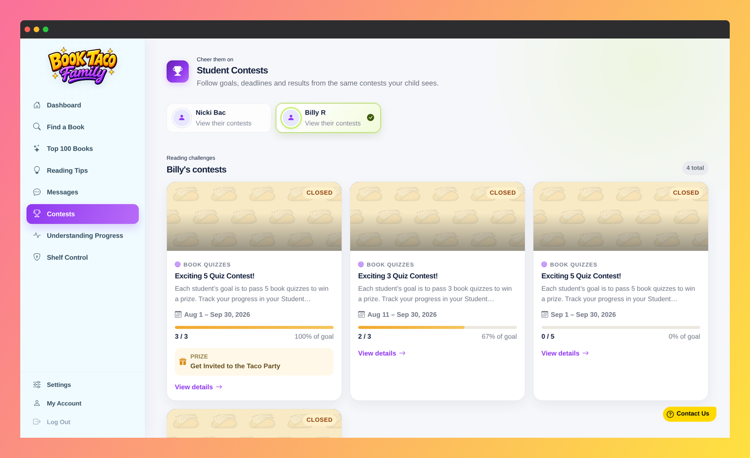 Screenshot of the Student Contests page, with a child's contests and their progress toward each goal.