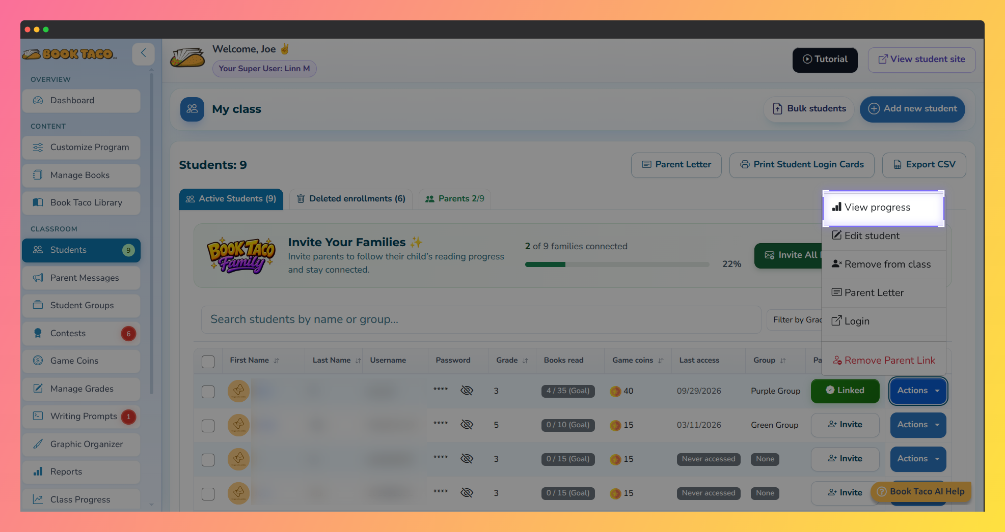 Screenshot of the Active Students table on the Students page, with the Actions menu open on a student's row and the View progress option highlighted.