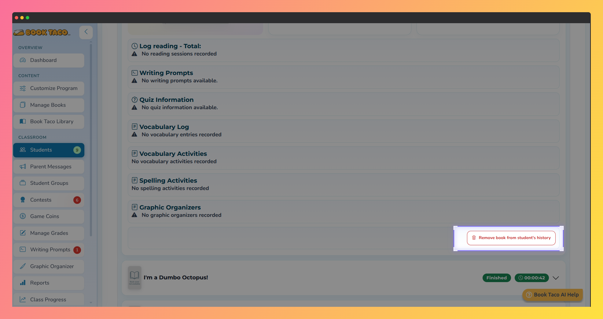 Screenshot of an open book on the Books tab of the Student progress page, with the Remove book from student's history button highlighted at the end of the book's details.