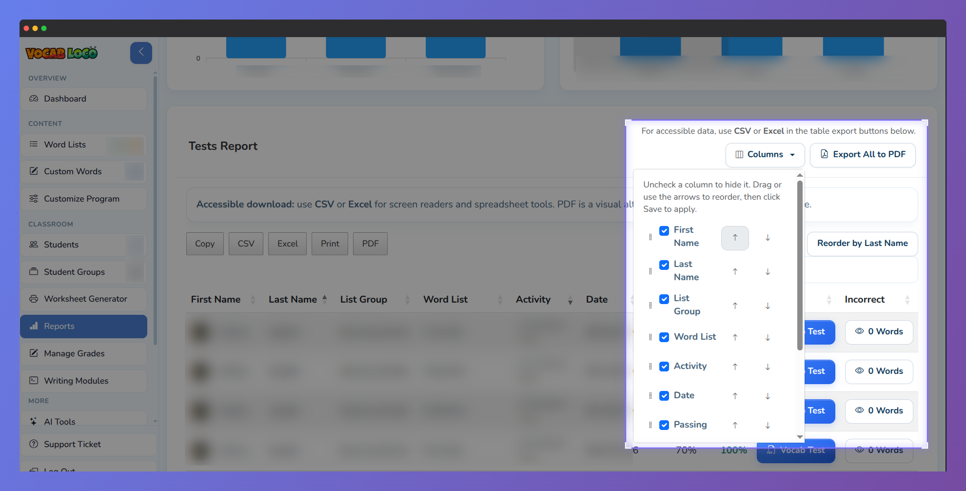 Screenshotof columns dropdown menu on a Vocab Loco report, listing columns with checkboxes to show or hide them and arrows to reorder.