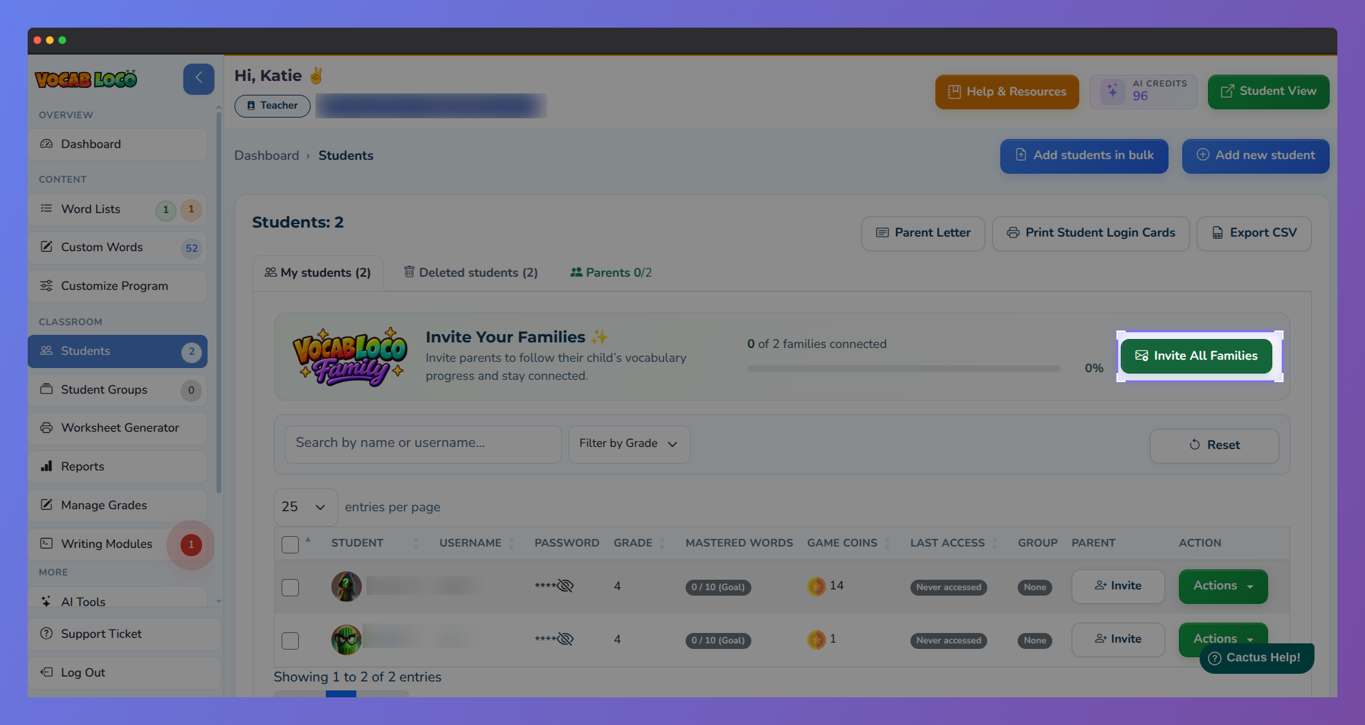 Invite All Families button on the Invite Your Families banner.