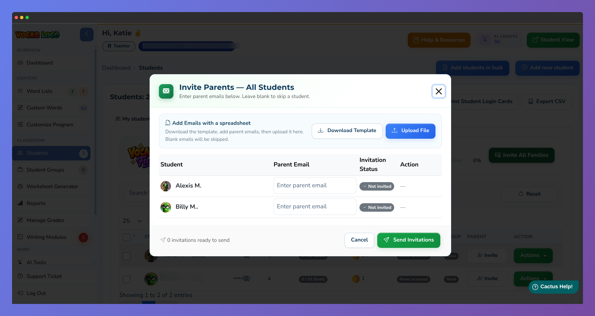 Invite Parents — All Students modal with email fields and CSV upload.