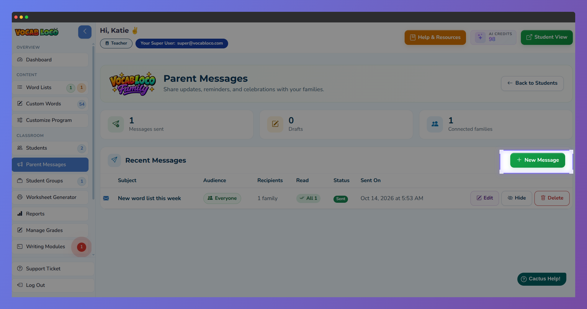 Parent Messages page with New Message button highlighted.