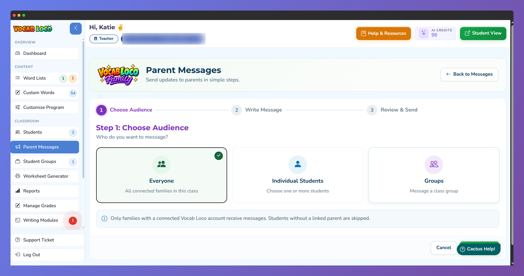 Parent Messages Step 1: Choose Audience with Everyone selected