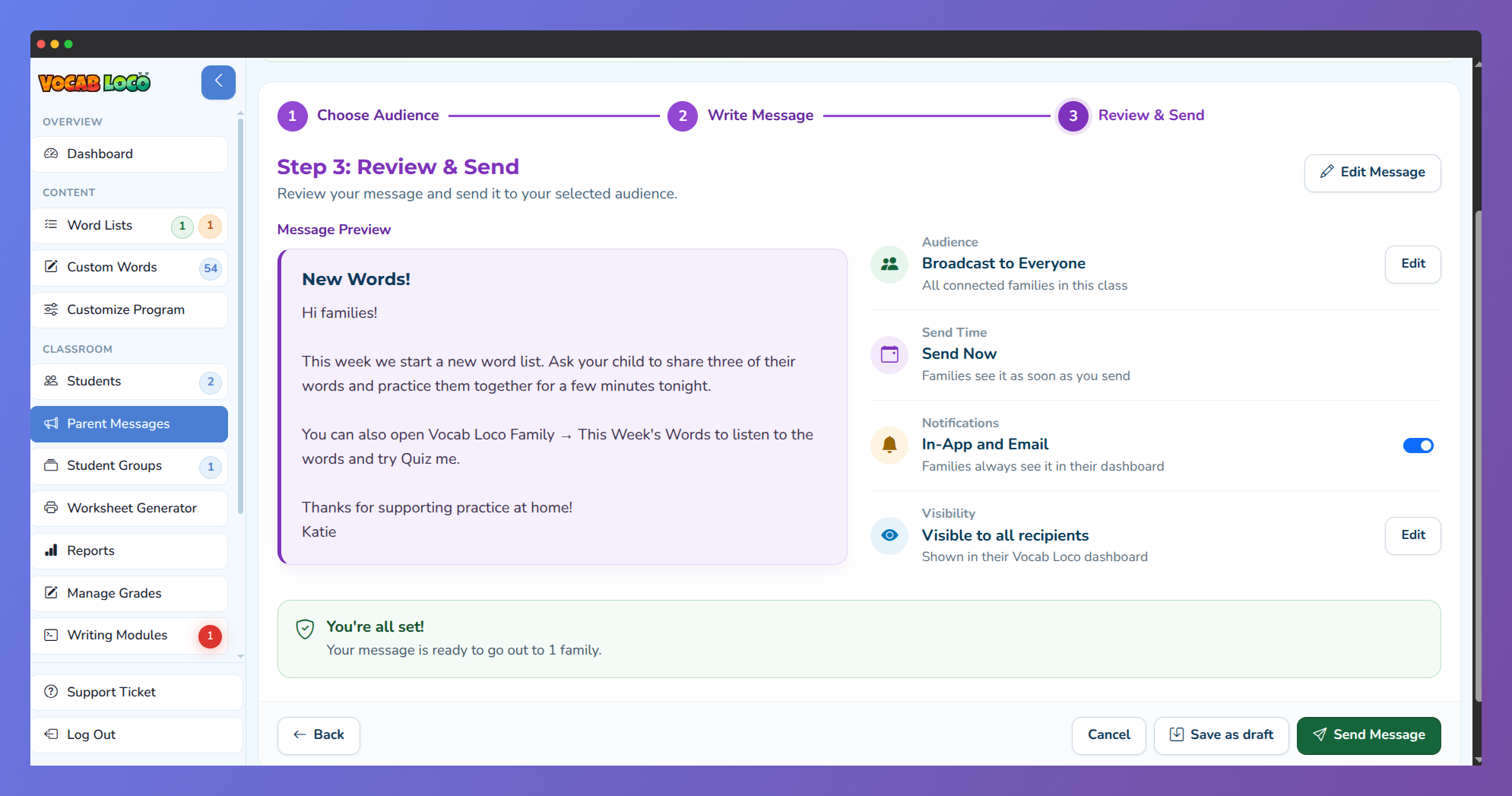 Parent Messages Step 3: Review & Send with message preview ready.