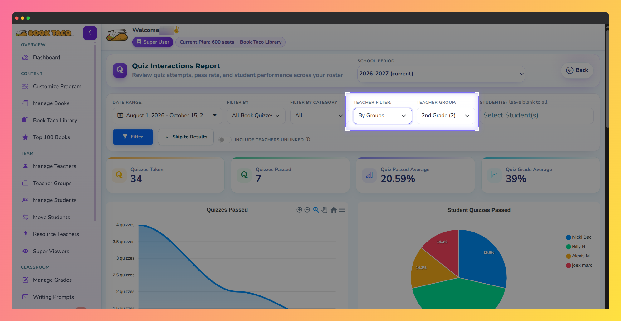 Screenshot: Quiz Interactions Report — Teacher Filter By Groups and Teacher Group 2nd Grade.