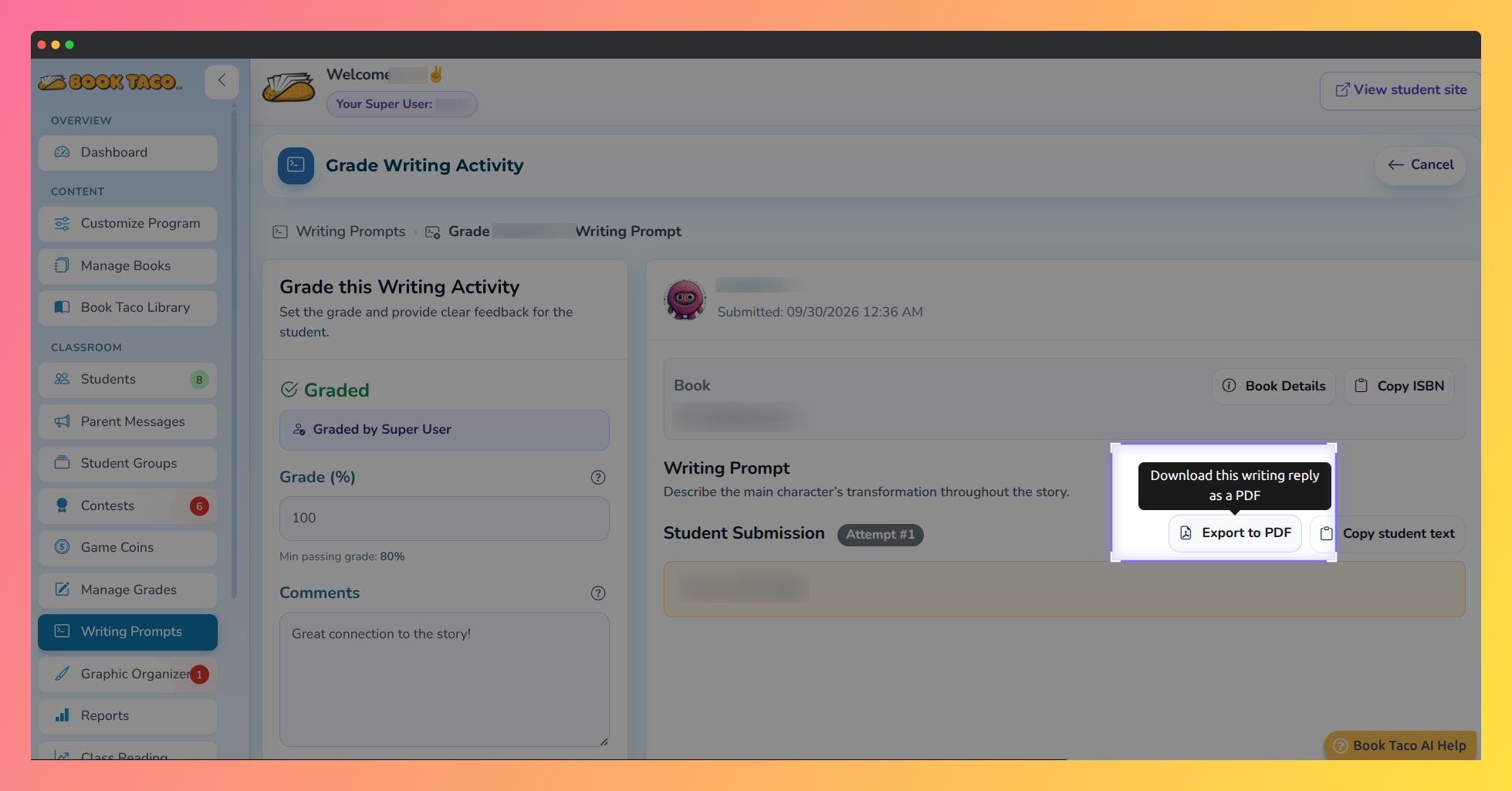 Teacher Grade Writing Activity page with the Export to PDF button highlighted next to Copy student text.