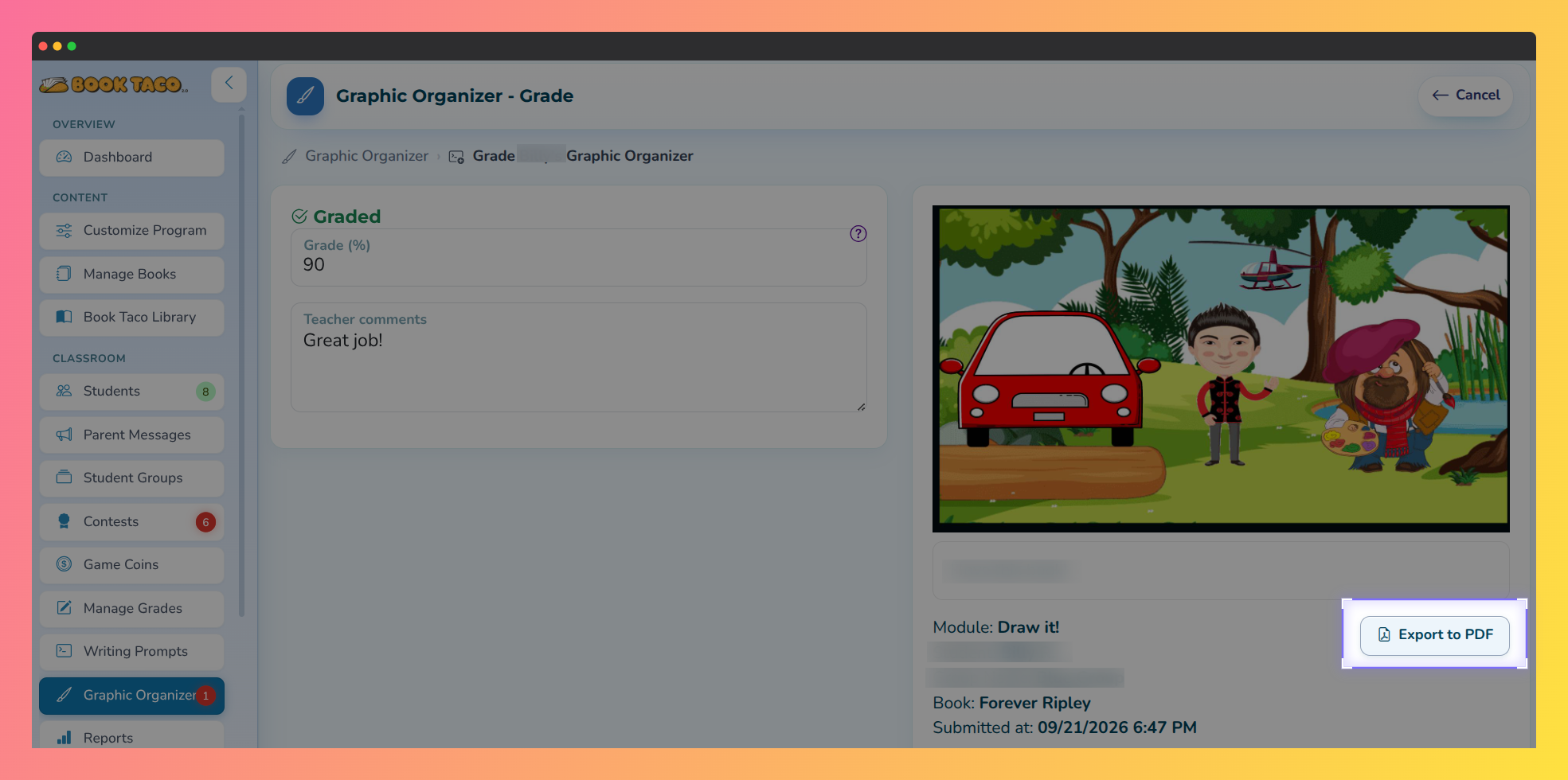 Graphic Organizer grade page showing a Draw It submission with the Export to PDF button highlighted.