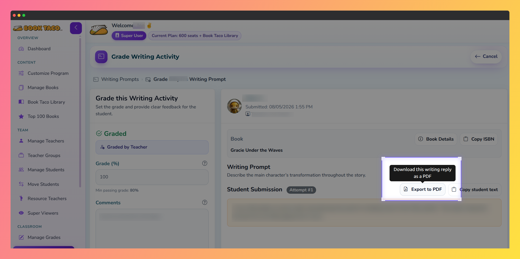 Super User Grade Writing Activity page with the Export to PDF button highlighted next to Copy student text.