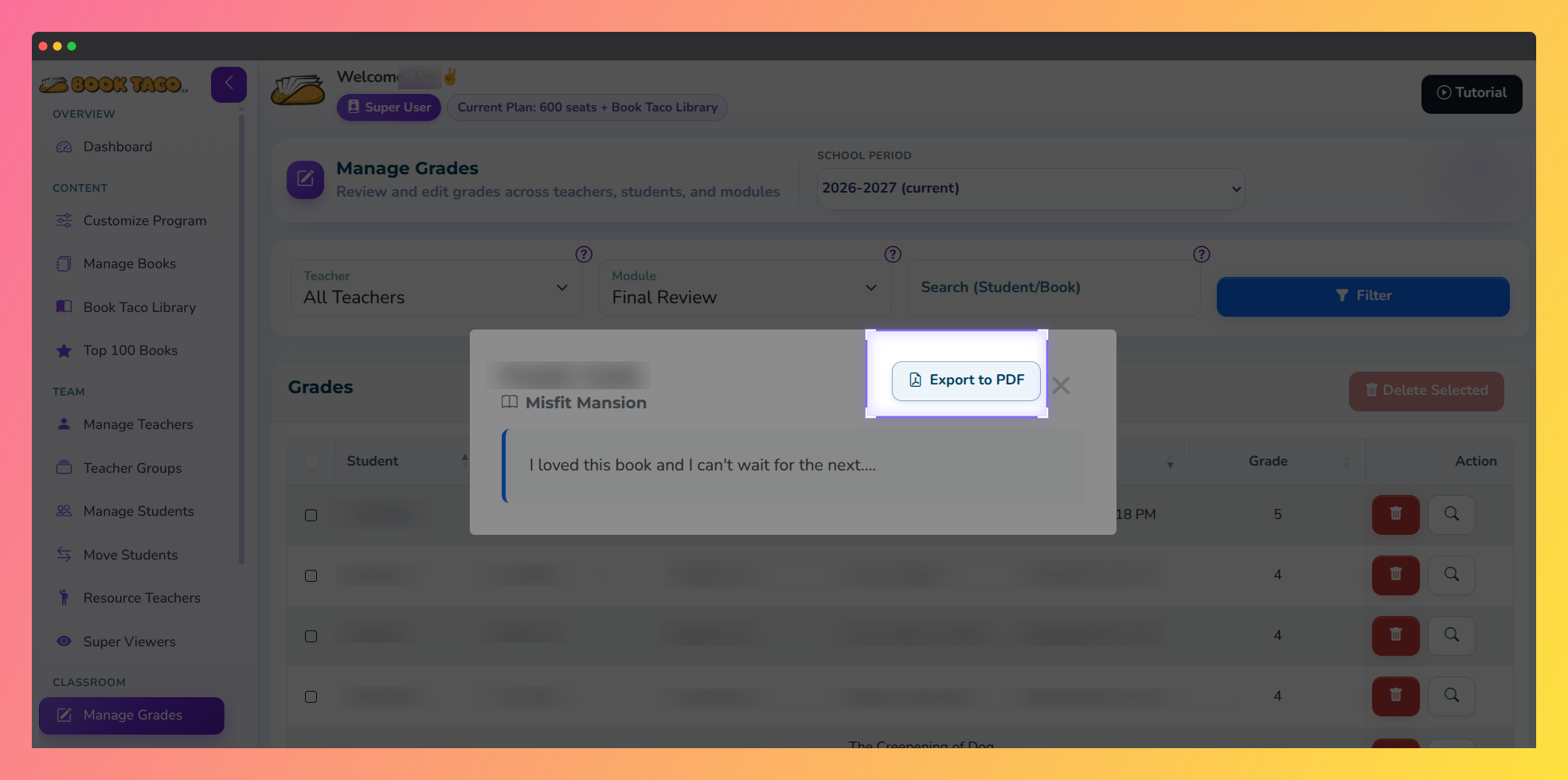 Super User Manage Grades Final Review window with the Export to PDF button highlighted.
