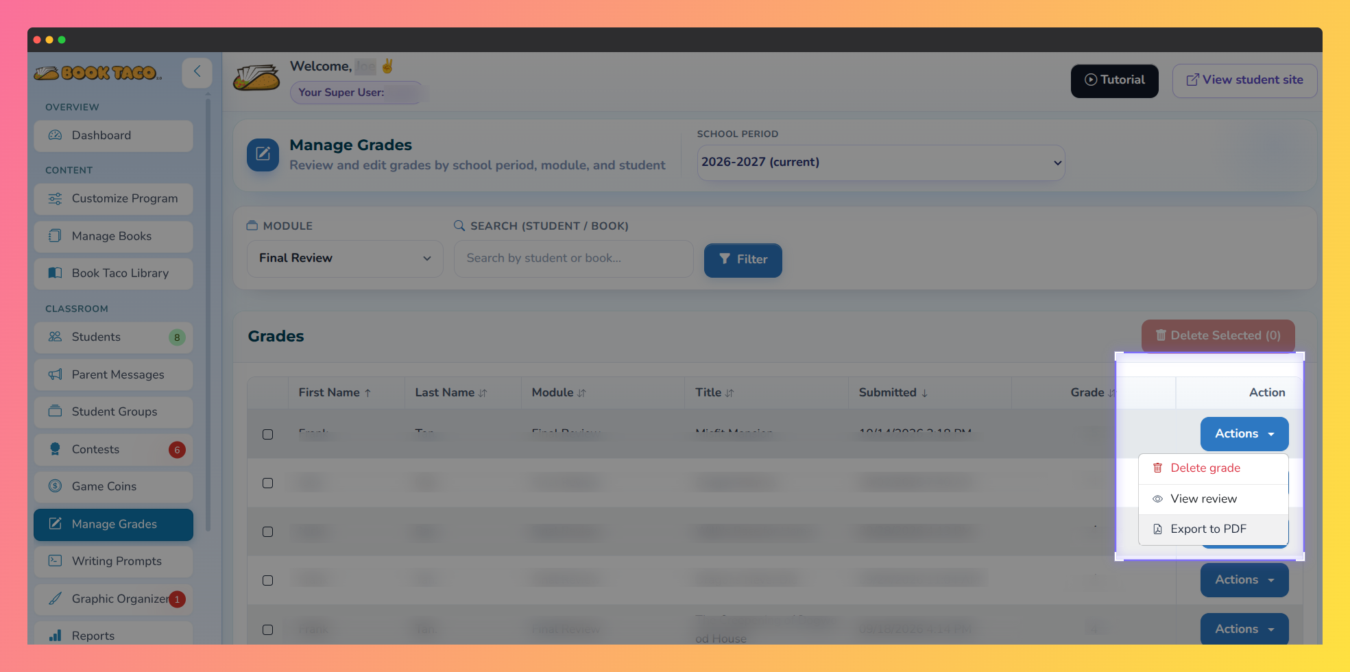  Teacher Manage Grades Actions menu showing Export to PDF for a Final Review.