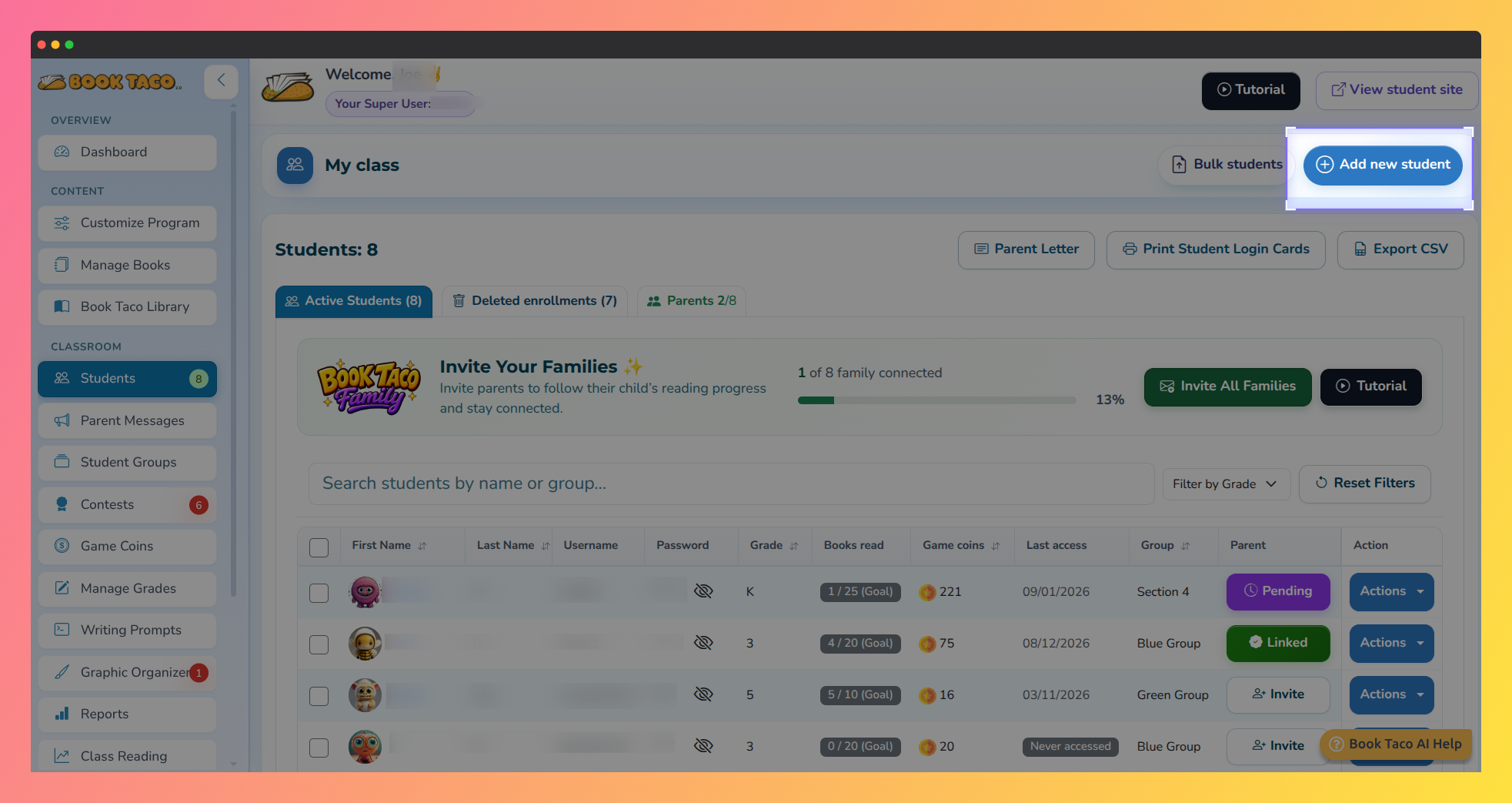 y Class page with the Add new student button highlighted.