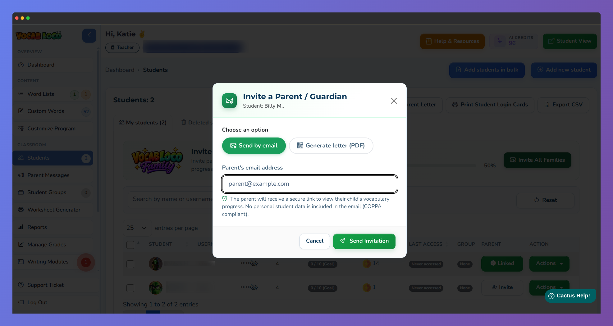 Screenshot: Invite a Parent / Guardian modal, or Parents tab with Invite all and Download QR letters.