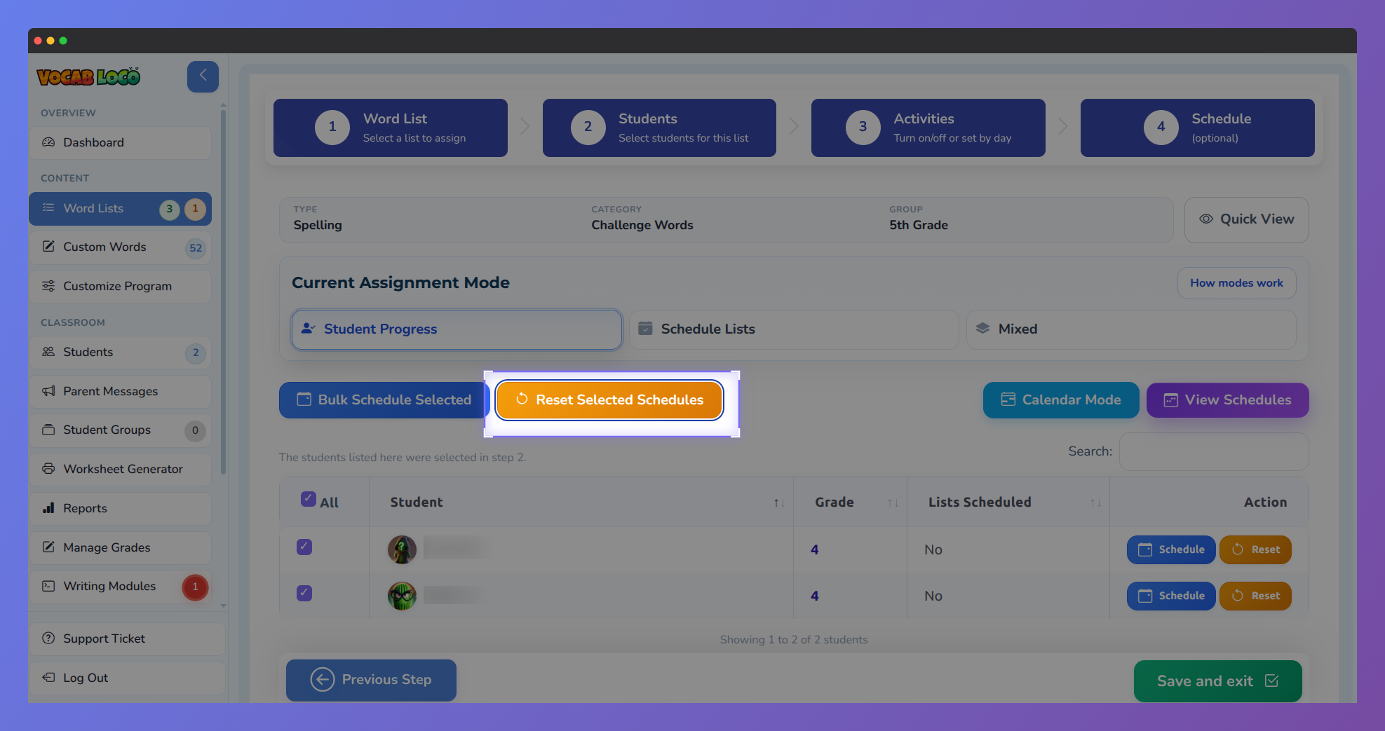 Step 4 of the assign form with all students selected and the Reset Selected Schedules button highlighted.