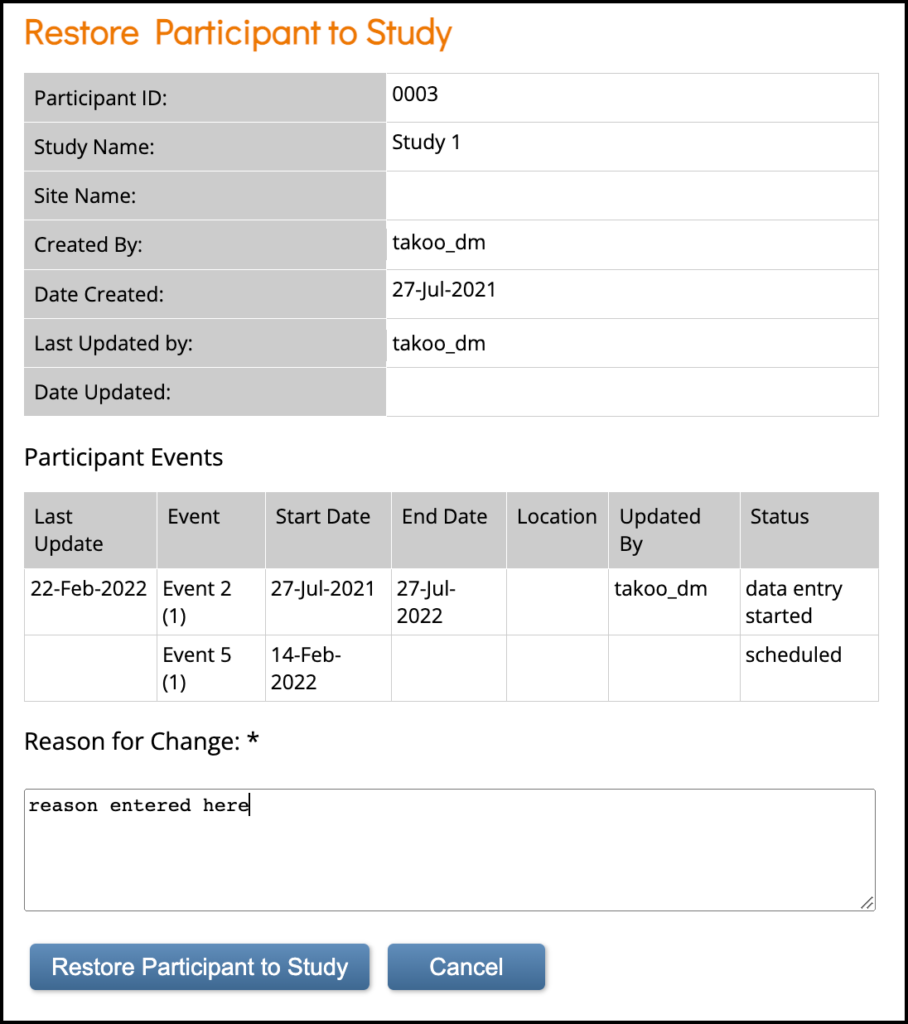 Restore Participant with Reason for Change
