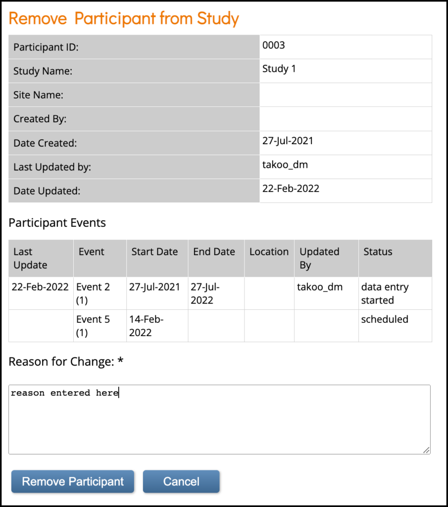 Remove Participant with Reason for Change