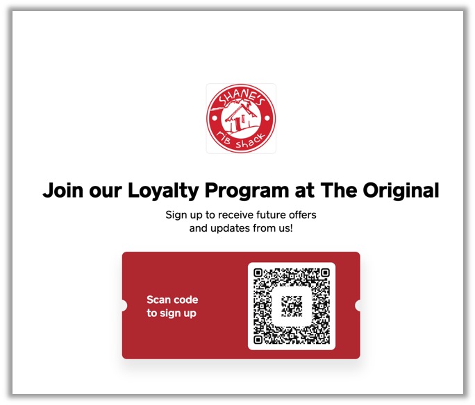 A red and white card with a qr code

Description automatically generated