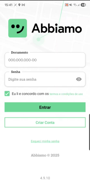 Tela inicial do Abbiamo Motorista com opção Criar conta
