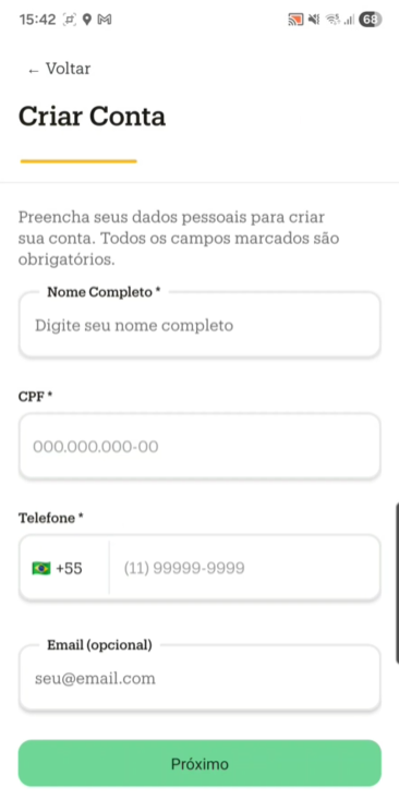 Formulário de criação de conta com campos Nome, E-mail e CPF