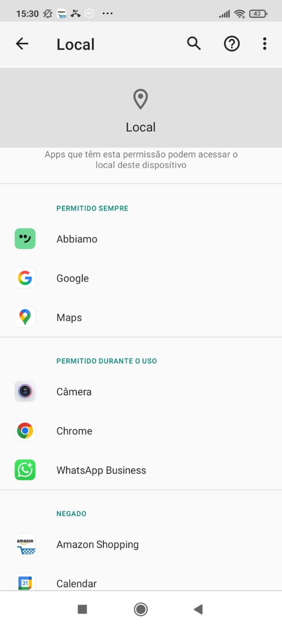 Android — tela de Permissões do app Abbiamo com Localização