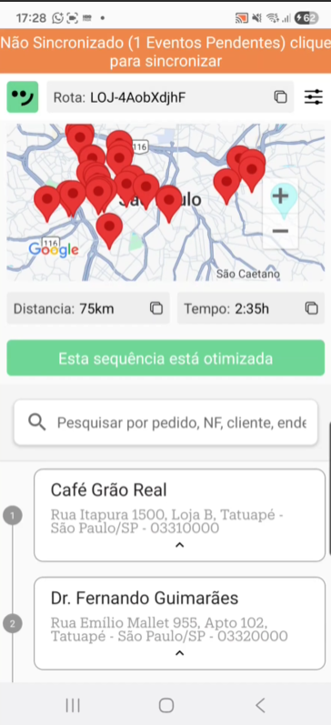 Abbiamo Motorista em 00:44: barra de pesquisa com termo digitado e filtros visíveis