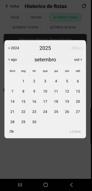 Histórico — selecionar período personalizado (calendário)