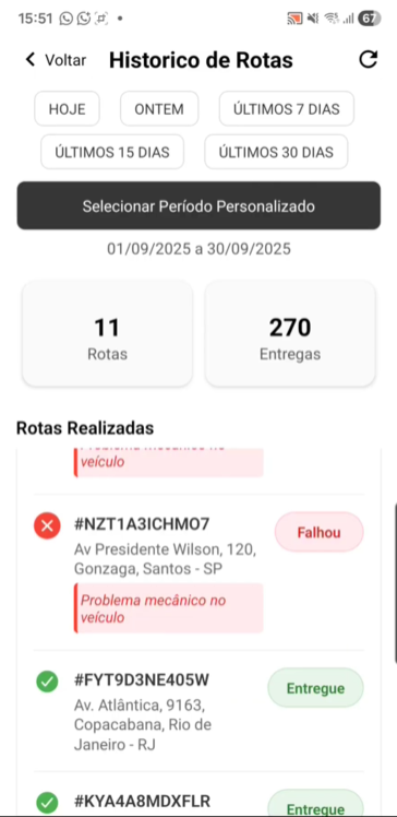 Histórico — lista com filtros e cartões de resultado