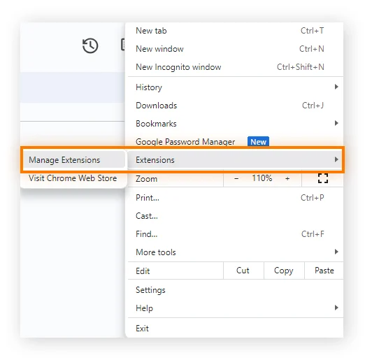 Opening the Chrome extension manager from the browser menu.