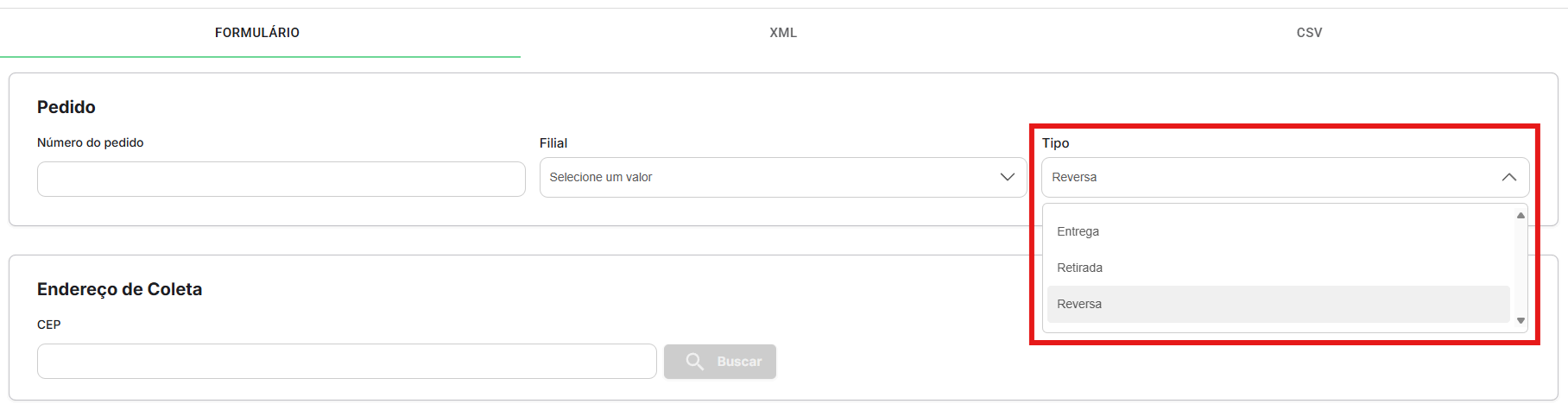 Tela de criação de pedido com o campo Tipo configurado como Reversa.