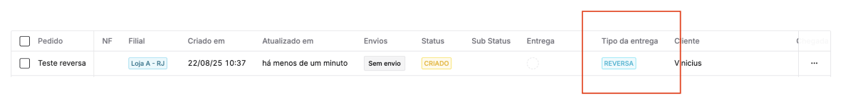 Listagem de pedidos com a coluna Tipo da entrega mostrando o valor REVERSA.
