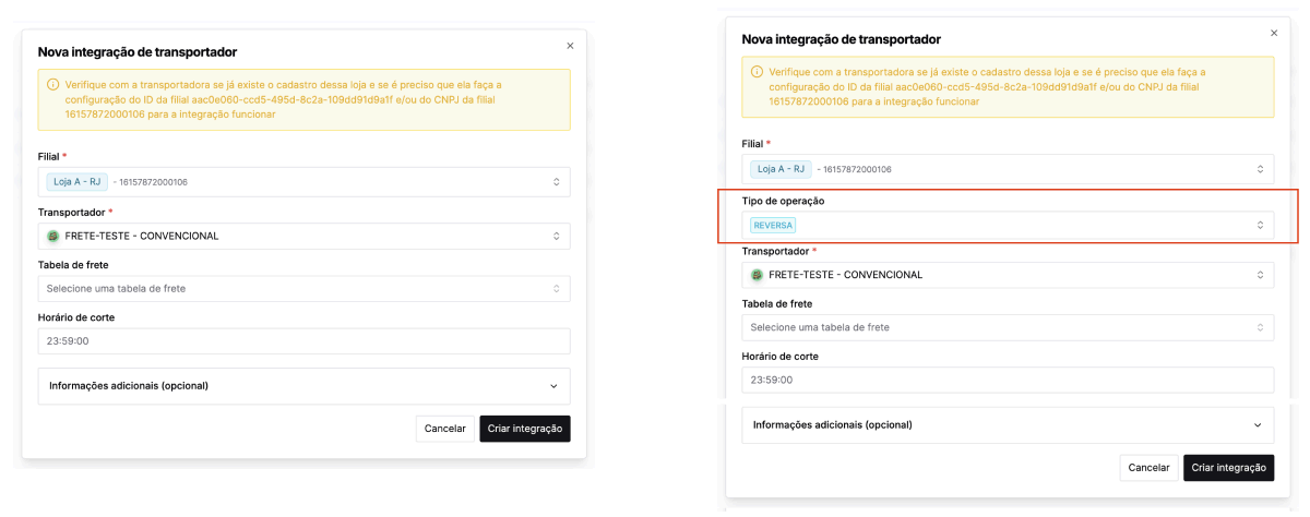 Tela de integração de transportadora com o tipo de operação configurado como Reversa.
