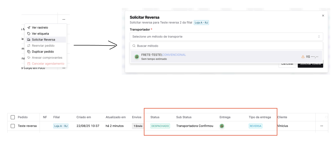 Fluxo de solicitar reversa e listagem com tipo de entrega Reversa.