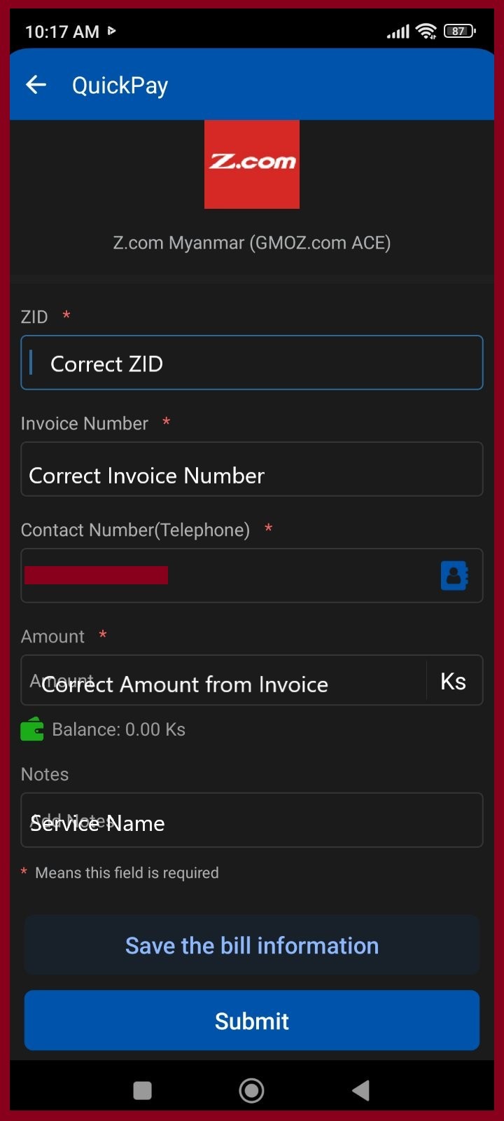 Invoice Payment Screen