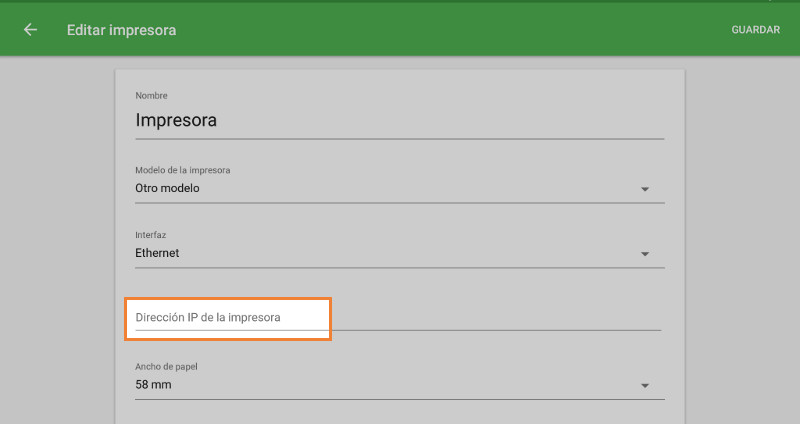 Campo para introducir dirección IP de la impresora