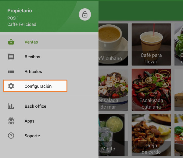 Menú configuración en Loyverse TPV