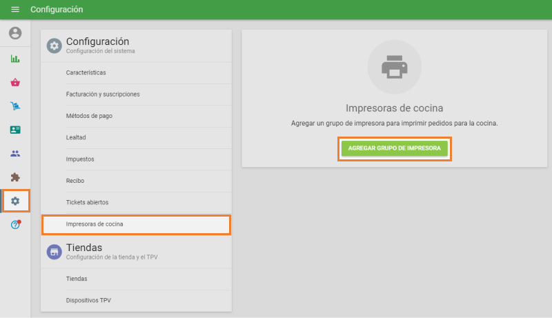 haga clic en el menú “impresoras de cocina”