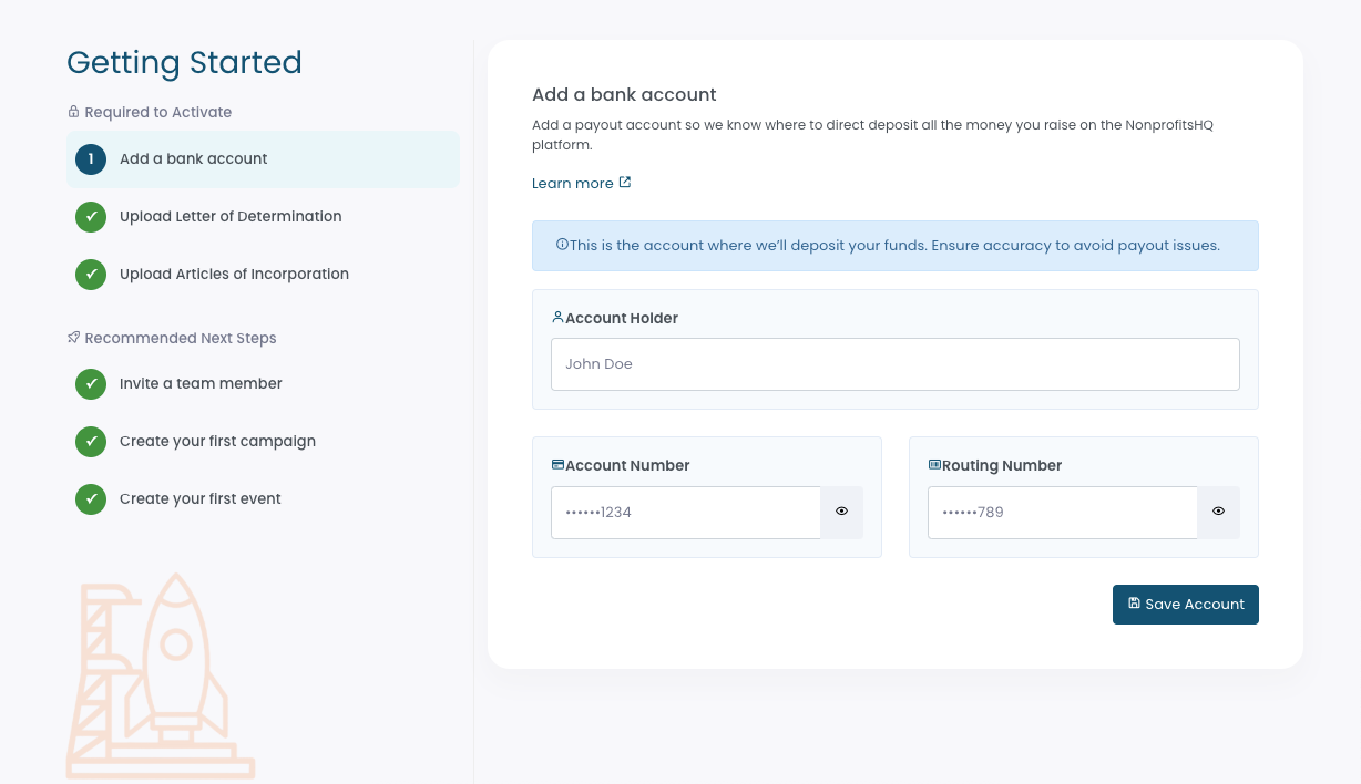 The NonprofitsHQ payout account configuration wizard