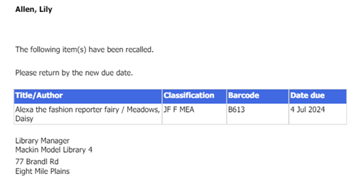Screenshot of the message section of a checkout recall email.