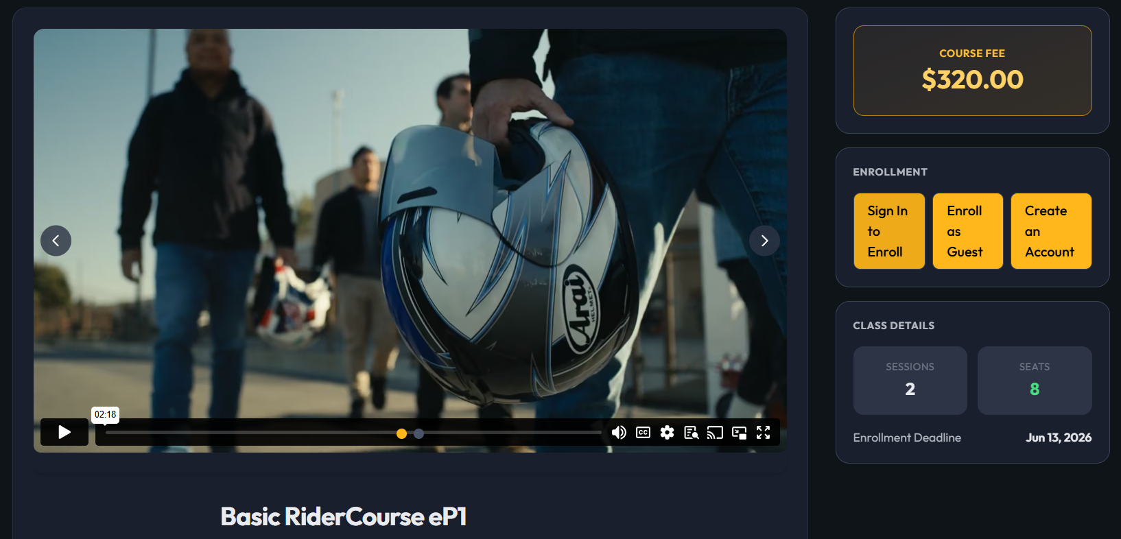 Screenshot: Class page showing Enroll button